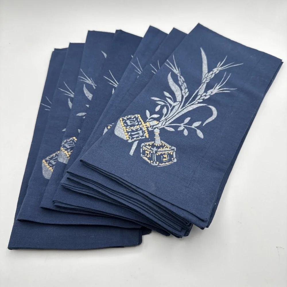 Pottery Barn Hanukkah Cloth Napkins Set Dreidels Blue Silver & Gold 20